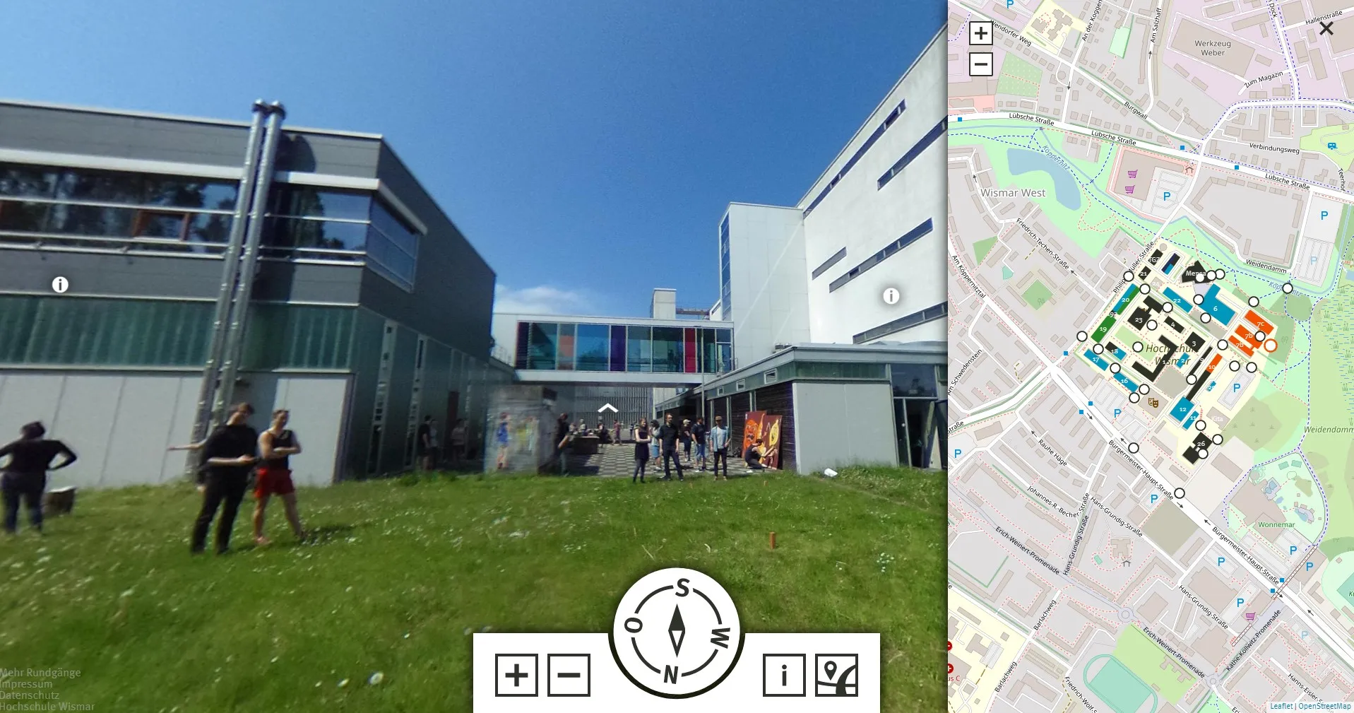 Screensot of the project, showing a 360°-panorama-photo (similiar to google street view) on the left and a map of the campus on the right. On the map are markers for navigating to different panorama views. On the bottom is a navigation element with compas, zoom buttons and further information.