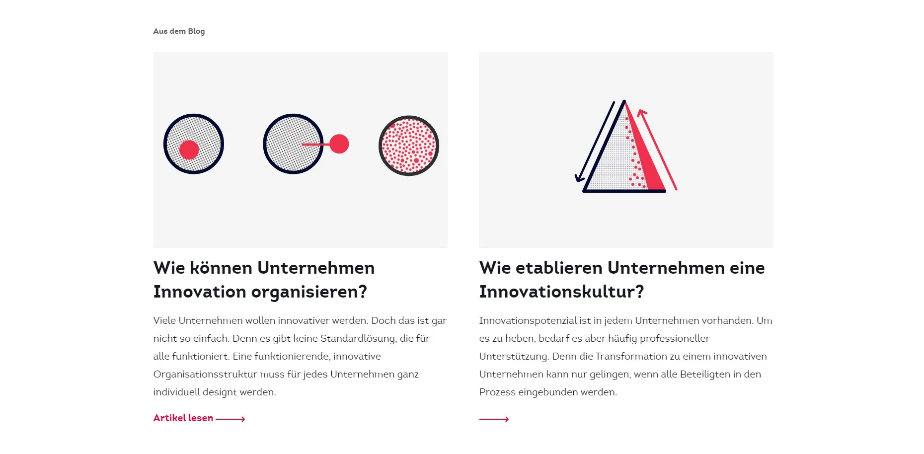 Screenshot of blog post teasers, each having a unique illustration.