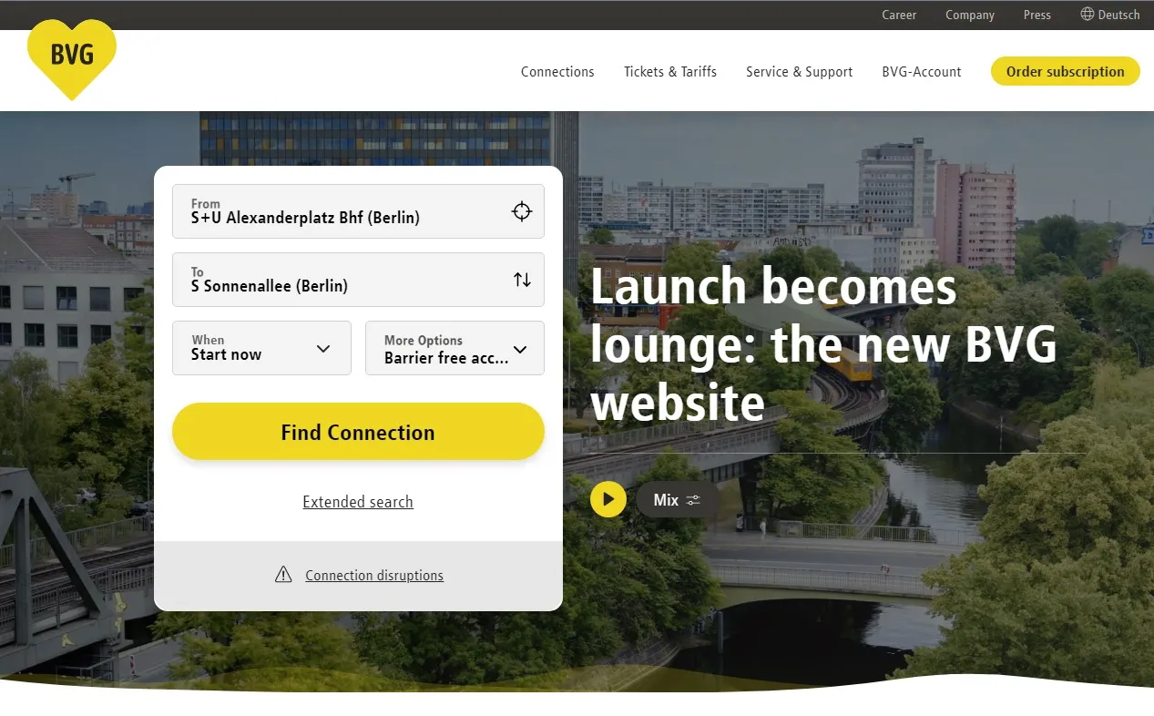 Screenshot of bvg.de homepage from 2020 when it re-lauched. On top a site-wide navigat bar, centered a form for searching public transport connections in Berlin and the main heading. Besides that is also a audio player featuring a sound mixer of BVG sounds.