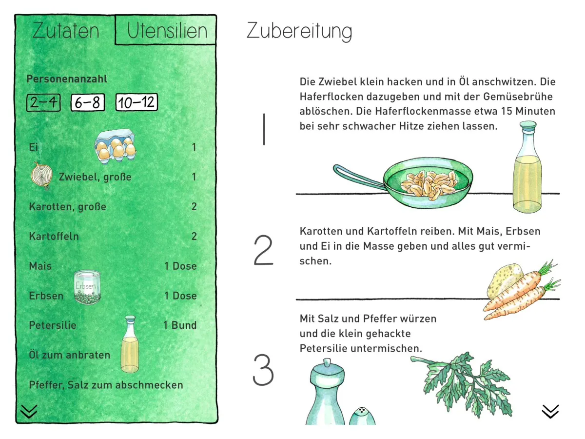 Recipe screen with ingrediens on the left and steps on the right.