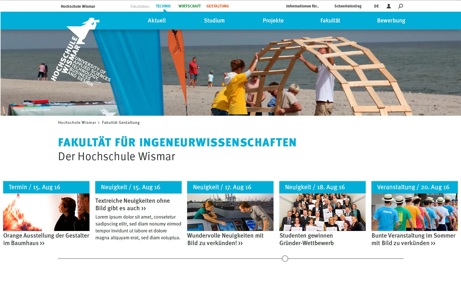 Start page for technical faculty with blue theme.