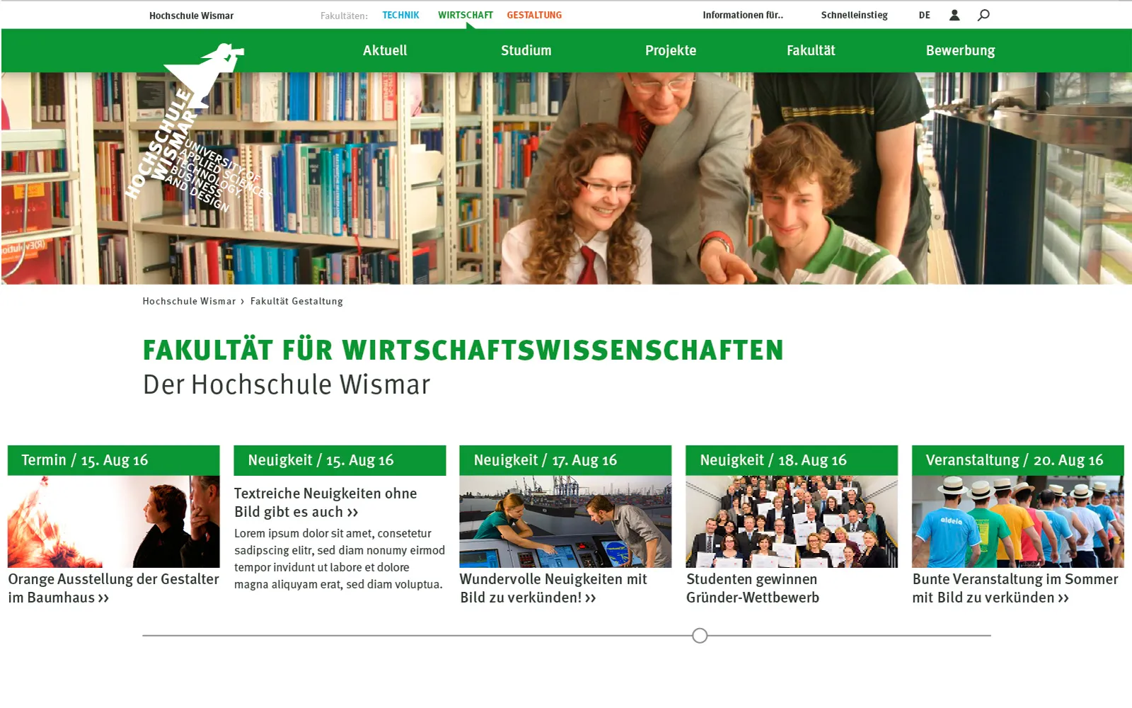Start page for busiess faculty with green theme.