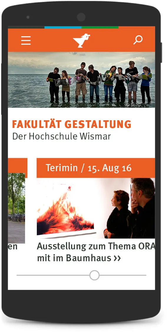 Mpbile start page for design faculty with orange theme.