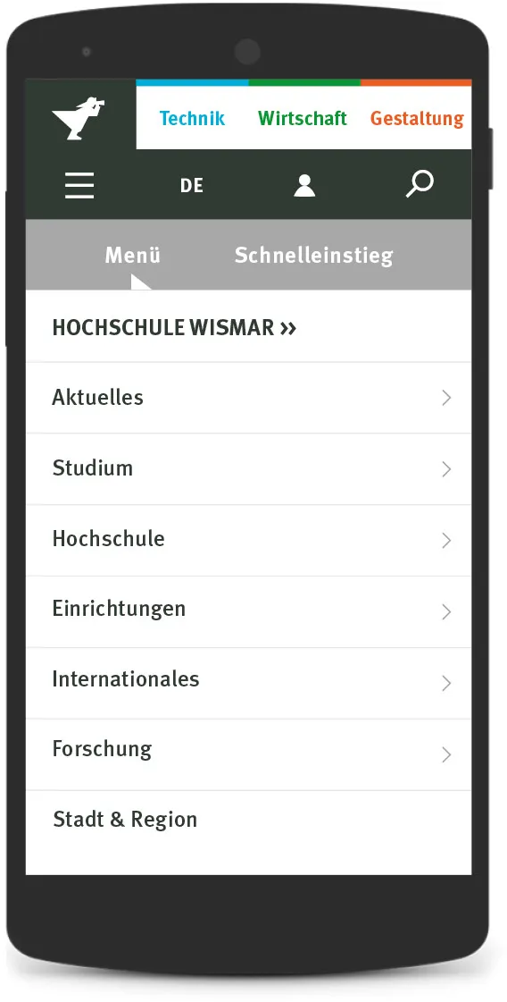 Main menu functions with sections for pages, faculties, language, search and more.