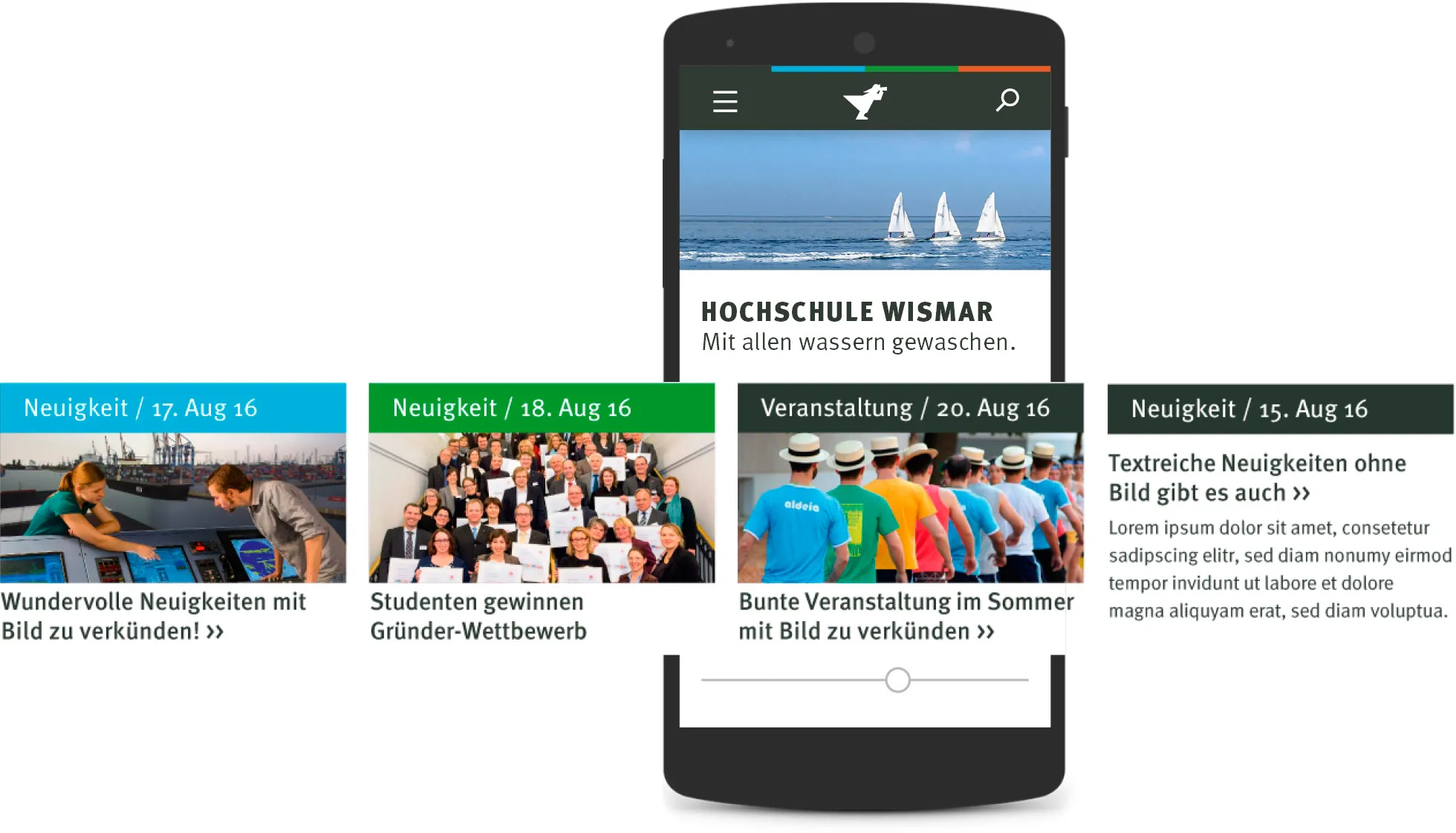 Mock up of mobile device with the website, but tiles with news overflow the actual device left and right.