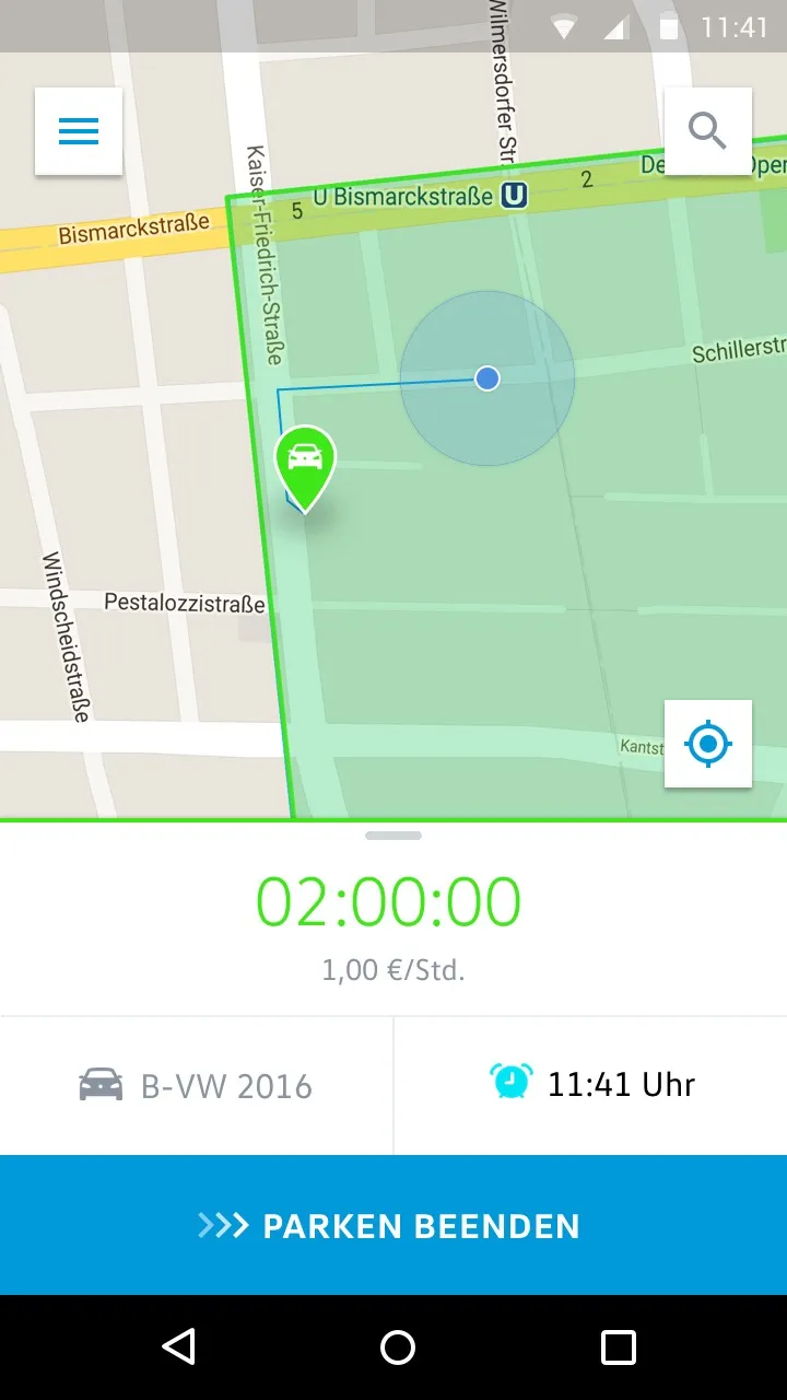 Screenshot of ongoing parking ticket with zone map and duration.