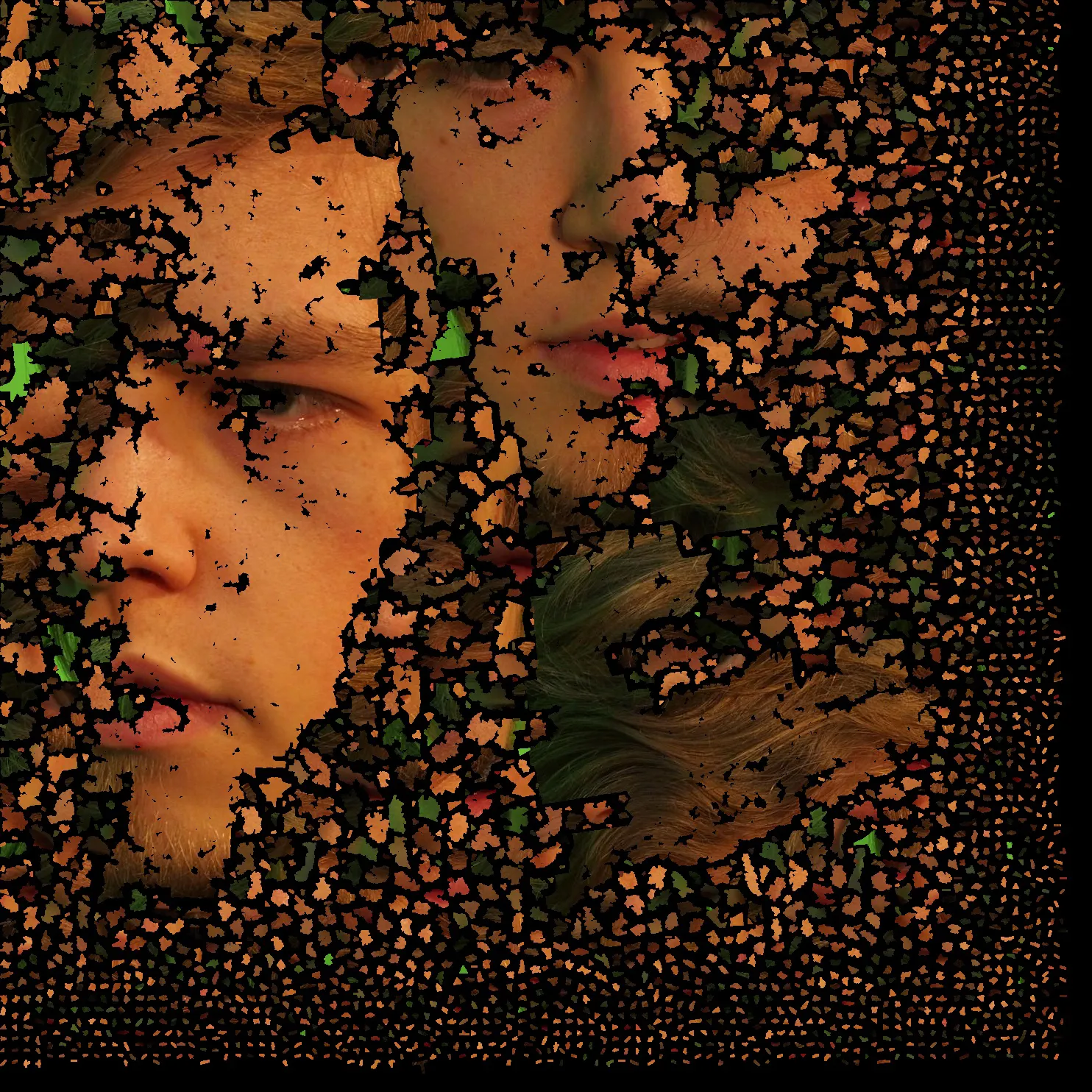 Another texture map self portrait, similar to the first, but colored. In some of the pieces, the green screen we used as background shows through.