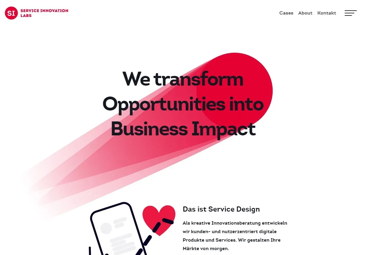 Screenshot of the home page with bold typography and lots of whitespace. The headline "We tranform Opportunities into Business Impact" sits atop a stylised red comet.
