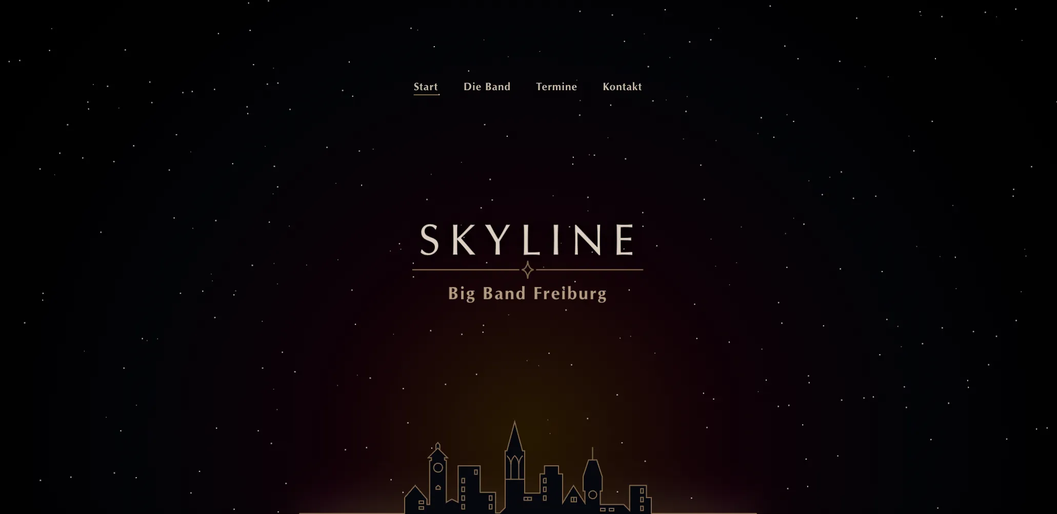 Screensot of the website: A night sky with hundrets of stars emerge in the background. In the center, the shiluette of a the city Freiburg (Germany) is surrounded by a glow of light with illumitated countours. Above the skyline is the band's new logo in art deco stye and a minimal navigation bar.