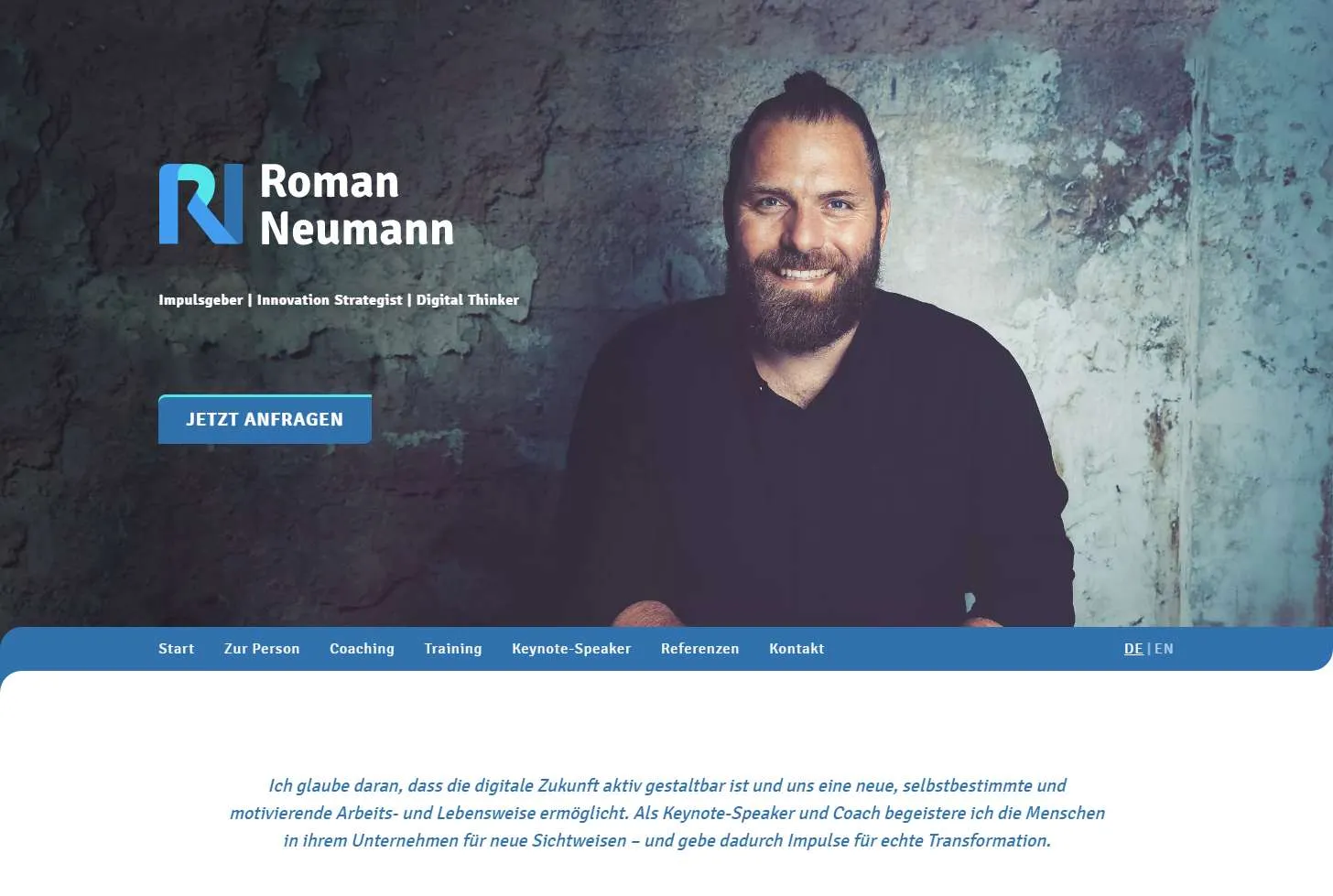 Screenshot of home page, featuring a portrait photo of Roman and his newly designed logo.