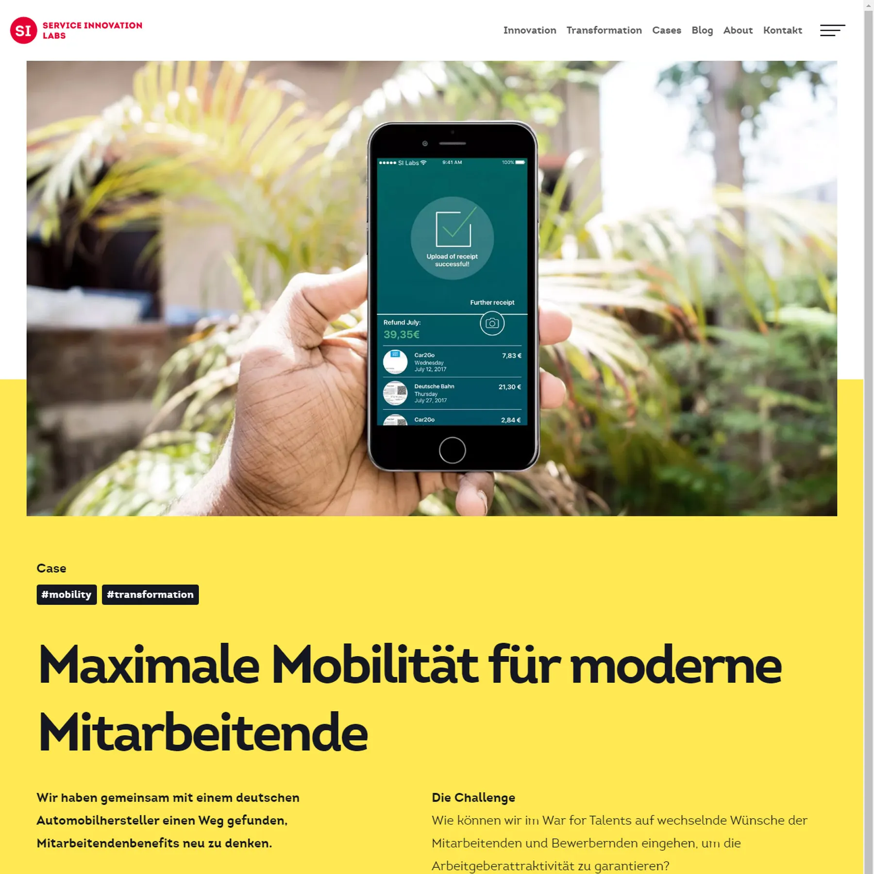 Screenshot of a case study on the website. A modern layout and bold typography combined with a striking yellow background.