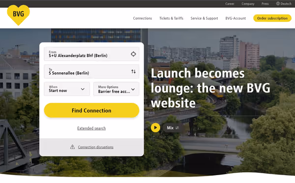 Screenshot of bvg.de homepage from 2020 when it re-lauched. On top a site-wide navigat bar, centered a form for searching public transport connections in Berlin and the main heading. Besides that is also a audio player featuring a sound mixer of BVG sounds.