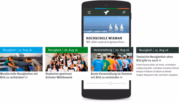 Mock up of mobile device with the website, but tiles with news overflow the actual device left and right.