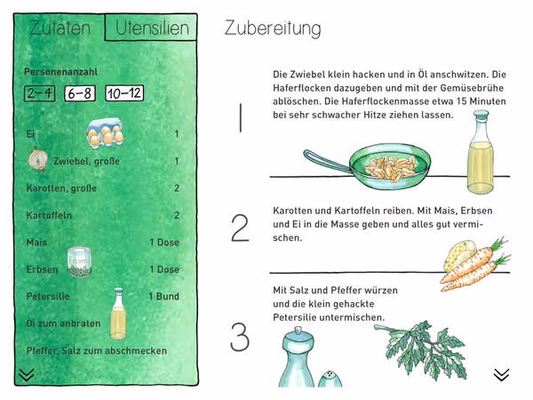 Recipe screen with ingrediens on the left and steps on the right.