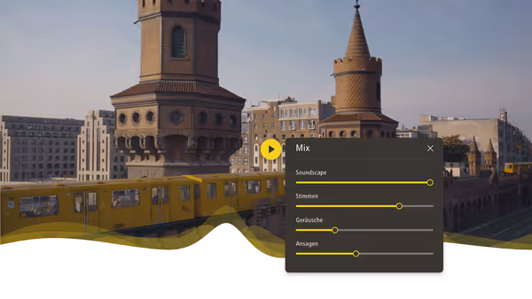 The BVG sound mixer in action, users can freely mix sounds from BVG soundscape audio branding, voices, typical Berlin public transportation ambience and announcements by the new voice of BVG, Philippa.