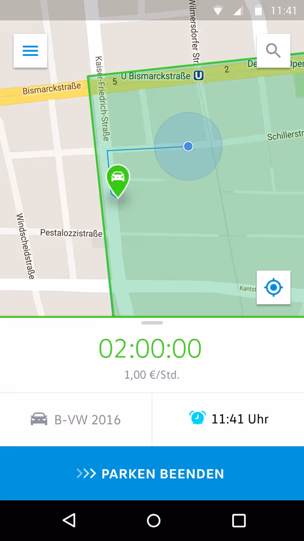 Screenshot of ongoing parking ticket with zone map and duration.