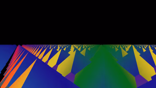 A landscape of colored pyramids.
