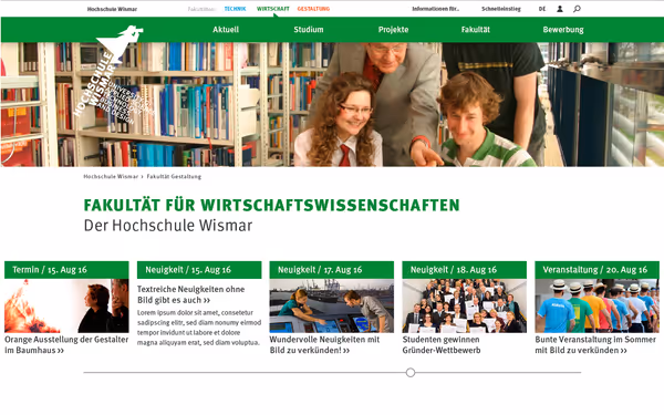 Start page for busiess faculty with green theme.