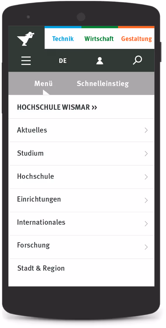 Main menu functions with sections for pages, faculties, language, search and more.