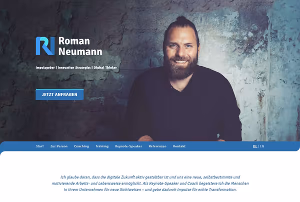 Screenshot of home page, featuring a portrait photo of Roman and his newly designed logo.