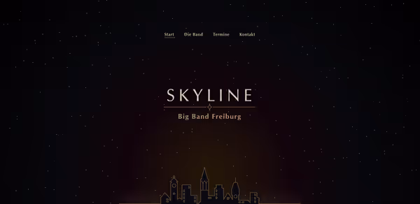 Screensot of the website: A night sky with hundrets of stars emerge in the background. In the center, the shiluette of a the city Freiburg (Germany) is surrounded by a glow of light with illumitated countours. Above the skyline is the band's new logo in art deco stye and a minimal navigation bar.