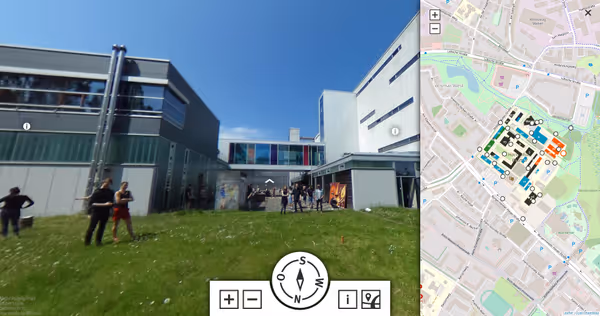 Screensot of the project, showing a 360°-panorama-photo (similiar to google streev view) on the left and a map of the campus on the right. On the map are markers for navigating to different panorama views. On the bottom is a navigation element with compas, zoom buttons and further information.